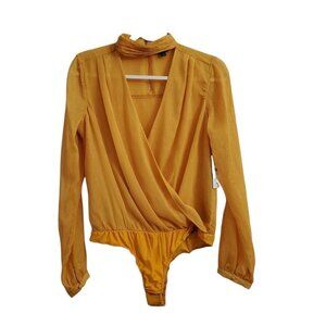 Guess Womens Camilla Bodysuit Blouse Medium Yellow Golden Top Surplice Neck